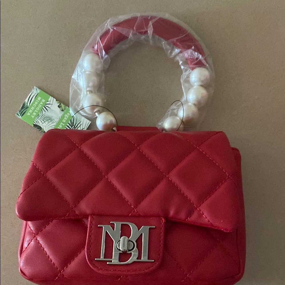 Chic Red Quilted Mini Bag with Pearl Handle